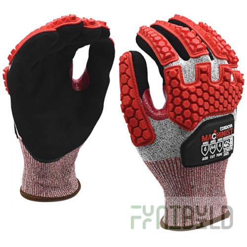 Cordova Machinist Salt and Pepper HPPE / Glass Fiber Cut Resistant Gloves with Black Sandy Nitrile Palm Coating and TPR Protectors - Extra Large