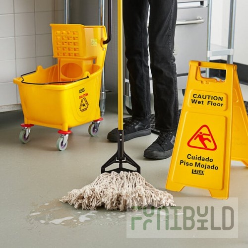 Lavex Wet Mop Kit with 35 Qt. Yellow Mop Bucket, Wet Floor Sign, Handle, and 12 Mop Heads