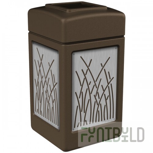 Commercial Zone 734162 42 Gallon Brown Square Trash Can with Stainless Steel Reed Panels