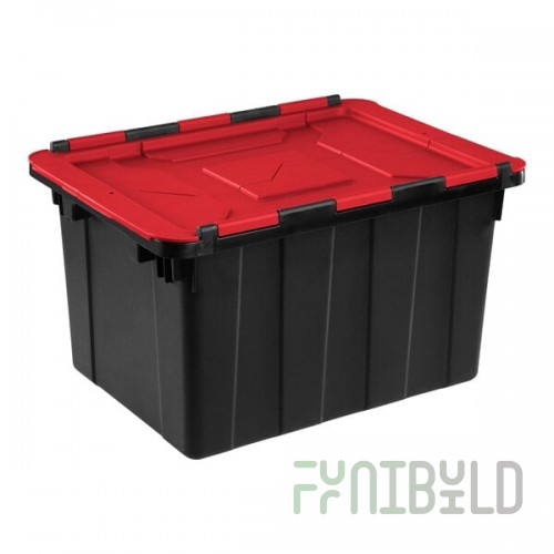 Sterilite 12 Gallon Black Industrial Storage Tote with Red Hinged Lid 14619006 - 6/Case
