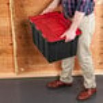 Sterilite 12 Gallon Black Industrial Storage Tote with Red Hinged Lid 14619006 - 6/Case