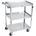 Lakeside 411A Medium-Duty Stainless Steel 3 Shelf Utility Cart with Purple Handle and Leg Bumpers - 16 3/4 Lakeside 411A Medium-Duty Stainless Steel 3 Shelf Utility Cart with Purple Handle and Leg Bumpers - 16 3/4