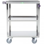 Lakeside 411A Medium-Duty Stainless Steel 3 Shelf Utility Cart with Purple Handle and Leg Bumpers - 16 3/4 Lakeside 411A Medium-Duty Stainless Steel 3 Shelf Utility Cart with Purple Handle and Leg Bumpers - 16 3/4