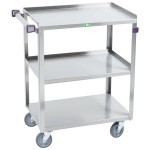 Lakeside 411A Medium-Duty Stainless Steel 3 Shelf Utility Cart with Purple Handle and Leg Bumpers - 16 3/4 Lakeside 411A Medium-Duty Stainless Steel 3 Shelf Utility Cart with Purple Handle and Leg Bumpers - 16 3/4