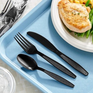 Choice Black Extra Heavy Weight Wrapped Polystyrene Plastic Cutlery Pack - 500/Case Choice Black Extra Heavy Weight Wrapped Polystyrene Plastic Cutlery Pack - 500/Case