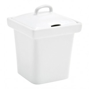 Front of the House Mod 4 oz. Bright White Square Porcelain Pot with Notched Lid - 6/Case Front of the House Mod 4 oz. Bright White Square Porcelain Pot with Notched Lid - 6/Case