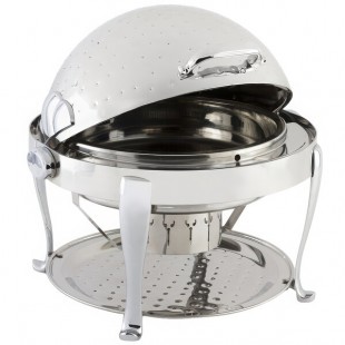 Bon Chef 19000CHH Elite Round 8 Qt. Dripless Round Stainless Steel with Hammered Finish and Chrome Accents Roll Top Chafer with Roman Legs Bon Chef 19000CHH Elite Round 8 Qt. Dripless Round Stainless Steel with Hammered Finish and Chrome Accents Roll Top Chafer with Roman Legs