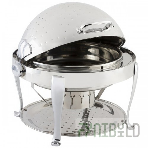 Bon Chef 19000CHH Elite Round 8 Qt. Dripless Round Stainless Steel with Hammered Finish and Chrome Accents Roll Top Chafer with Roman Legs