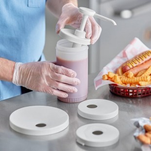 Choice Condiment Pump Kit with 0.5 oz. Plastic Pump and 5 Adapter Lids Choice Condiment Pump Kit with 0.5 oz. Plastic Pump and 5 Adapter Lids