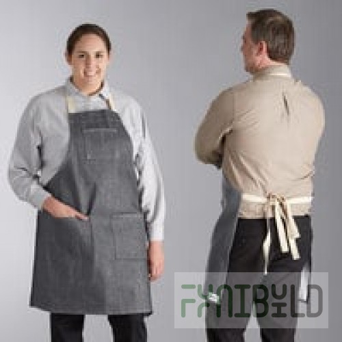 Acopa Kennett Black Denim Adjustable Bib Apron with 3 Pockets and Natural Webbing - 32