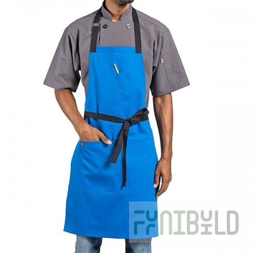 Uncommon Chef 3128 Blue Customizable Poly-Cotton Surge Bib Apron with Black Webbing and 3 Pockets - 34