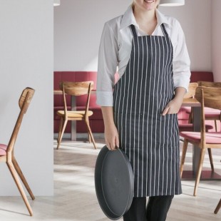 Choice Black and White Poly-Cotton Chalk Stripe Standard Bib Apron with 2 Pockets - 34 Choice Black and White Poly-Cotton Chalk Stripe Standard Bib Apron with 2 Pockets - 34