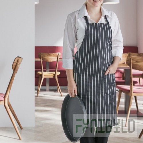 Choice Black and White Poly-Cotton Chalk Stripe Standard Bib Apron with 2 Pockets - 34