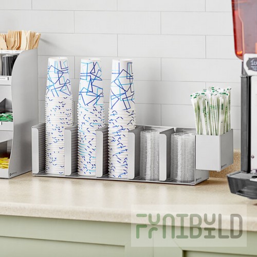 ServSense Adjustable 5-Section Stainless Steel Wall-Mount / Countertop Cup / Lid Holder with Straw Caddy Attachment
