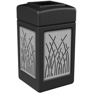 Commercial Zone 734161 42 Gallon Black Square Trash Can with Stainless Steel Reed Panels