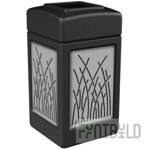 Commercial Zone 734161 42 Gallon Black Square Trash Can with Stainless Steel Reed Panels