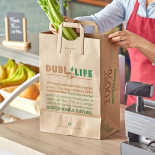 Duro 1/6 Natural Kraft Printed Shopping Bag with Flat Handles - 300/Bundle
