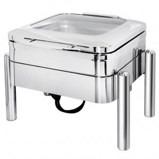 Eastern Tabletop 3977GS Jazz Swing 4 Qt. Stainless Steel Square Chafer with Pillar'd Stand and Hinged Glass Dome Cover