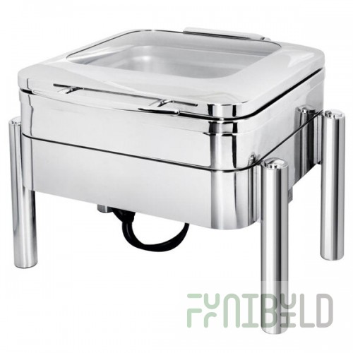 Eastern Tabletop 3977GS Jazz Swing 4 Qt. Stainless Steel Square Chafer with Pillar'd Stand and Hinged Glass Dome Cover