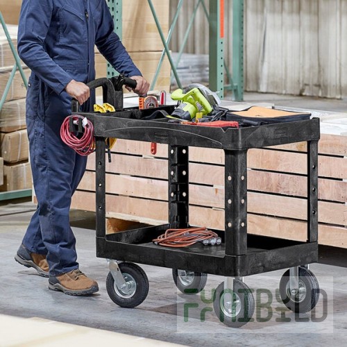 Rubbermaid® FG452010BLA Black Medium Lipped Heavy Duty Two Shelf Utility Cart with Ergonomic Handle and 8