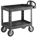 Rubbermaid® FG452010BLA Black Medium Lipped Heavy Duty Two Shelf Utility Cart with Ergonomic Handle and 8
