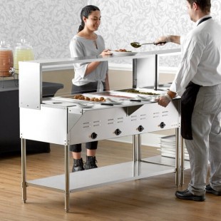 Avantco STE-4SGH Four Pan Open Well Electric Steam Table with Undershelf, Overshelf, and Sneeze Guard - 208/240V, 3000W