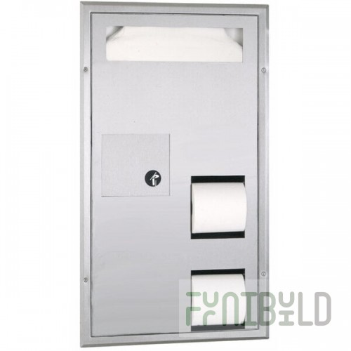 Bobrick B-35715 Partition Mounted Toilet Seat-Cover and Toilet Tissue Dispenser with Sanitary Napkin Disposal - 17 3/16