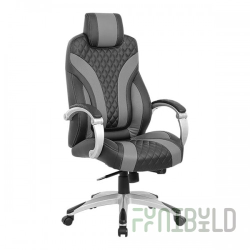 Boss Black / Gray CaressoftPlus Vinyl High-Back Executive / Gaming Chair with Padded Hinged Arms and Synchro-Tilt Mechanism
