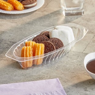 Fineline Flairware 215-CL 15 oz. Clear Plastic Oval Bowl / Serving Boat - 300/Case Fineline Flairware 215-CL 15 oz. Clear Plastic Oval Bowl / Serving Boat - 300/Case