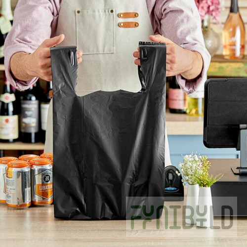 Choice Customizable 1/6 Standard Size Black Unprinted Embossed Heavy-Duty Plastic T-Shirt Bag - 350/Case