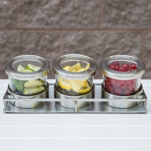 Cal-Mil 1850-4-55NL Mixology Stainless Steel 3 Jar Horizontal Display with 16 oz. Jars, Notched Lids, and Cooling Pucks - 13 1/2