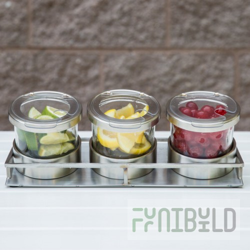 Cal-Mil 1850-4-55NL Mixology Stainless Steel 3 Jar Horizontal Display with 16 oz. Jars, Notched Lids, and Cooling Pucks - 13 1/2