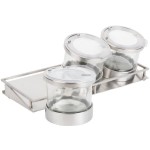 Cal-Mil 1850-4-55NL Mixology Stainless Steel 3 Jar Horizontal Display with 16 oz. Jars, Notched Lids, and Cooling Pucks - 13 1/2