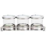 Cal-Mil 1850-4-55NL Mixology Stainless Steel 3 Jar Horizontal Display with 16 oz. Jars, Notched Lids, and Cooling Pucks - 13 1/2