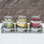 Cal-Mil 1850-4-55NL Mixology Stainless Steel 3 Jar Horizontal Display with 16 oz. Jars, Notched Lids, and Cooling Pucks - 13 1/2