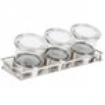 Cal-Mil 1850-4-55NL Mixology Stainless Steel 3 Jar Horizontal Display with 16 oz. Jars, Notched Lids, and Cooling Pucks - 13 1/2