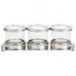 Cal-Mil 1850-4-55NL Mixology Stainless Steel 3 Jar Horizontal Display with 16 oz. Jars, Notched Lids, and Cooling Pucks - 13 1/2