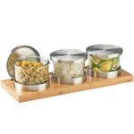 Cal-Mil 1850-4-55NL Mixology Stainless Steel 3 Jar Horizontal Display with 16 oz. Jars, Notched Lids, and Cooling Pucks - 13 1/2