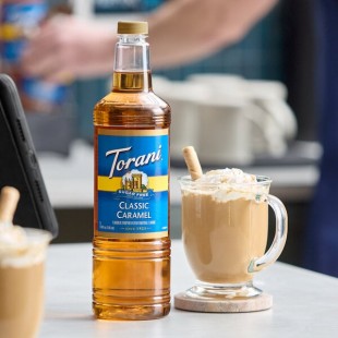 Torani Sugar-Free Classic Caramel Flavoring Syrup Plastic Bottle 1 Liter - 6/Case