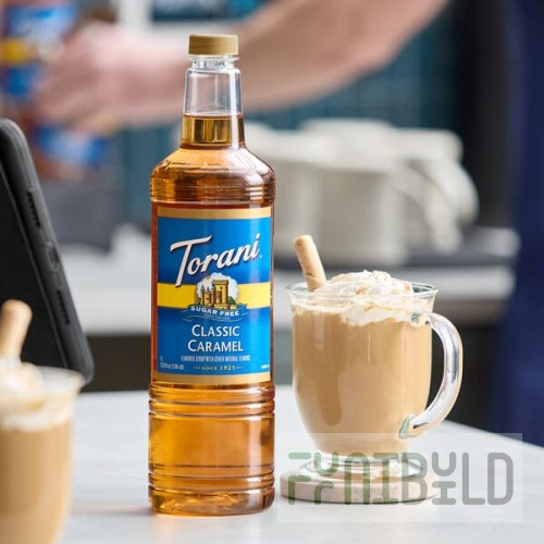 Torani Sugar-Free Classic Caramel Flavoring Syrup Plastic Bottle 1 Liter - 6/Case