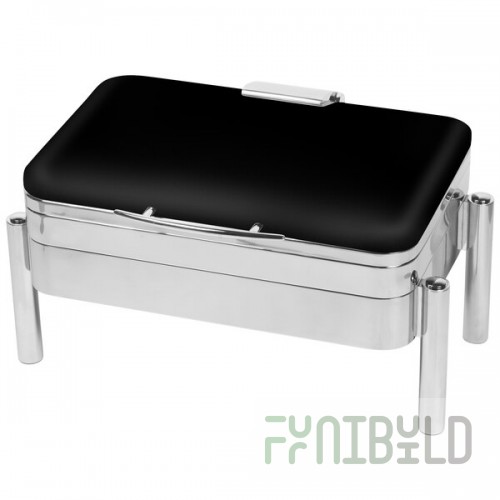 Eastern Tabletop 3975SMB Jazz Swing 8 Qt. Black Coated Stainless Steel Rectangular Chafer with Pillar'd Stand and Hinged Dome Cover