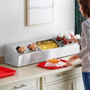 ServSense Large Stainless Steel Hotel Pan Organizer Set with (2) 1/3 Size Pans, (2) Flatware Cylinders, and (6) Squeeze Bottles