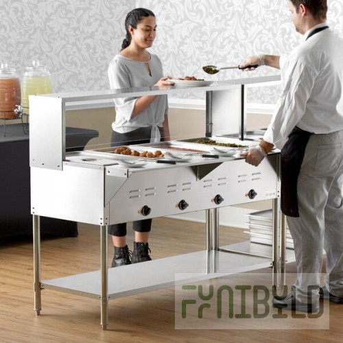 Avantco STE-4SGA Four Pan Open Well Electric Steam Table with Undershelf, Overshelf, and Sneeze Guard - 120V, 2000W