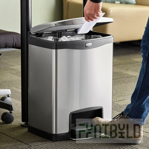 Rubbermaid® 1901985 Slim Jim Stainless Steel Black Accent Rectangular Front Step-On Trash Can with Single Rigid Plastic Liner - 8 Gallon