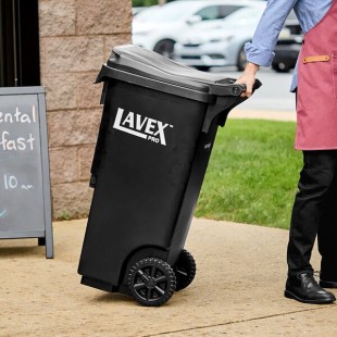 Lavex Pro 35 Gallon Black Wheeled Rectangular Trash Can with Lid Lavex Pro 35 Gallon Black Wheeled Rectangular Trash Can with Lid