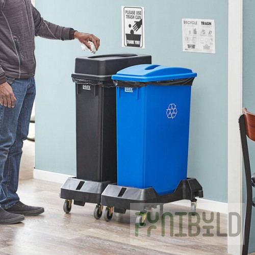 Lavex 46 Gallon 2-Stream Slim Rectangular Mobile Recycle Station with Black Drop Shot and Blue Paper Slot Lids