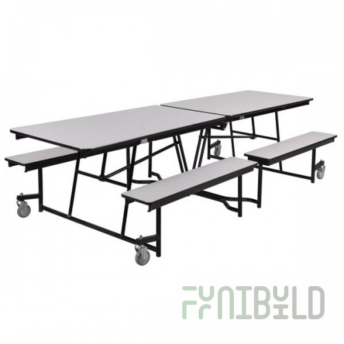 National Public Seating MTFB8-PWTMCR 8' Rectangular Mobile Plywood Cafeteria Table with Chrome Frame, T-Molding Edge, and 4 Benches