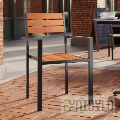 Lancaster Table & Seating Axel Black Powder-Coated Outdoor Chair with Brown Faux Teak Slat Seat and Arms