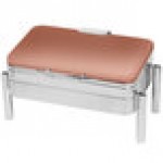 Eastern Tabletop 3975SCP Jazz Swing 8 Qt. Copper Coated Stainless Steel Rectangular Chafer with Pillar'd Stand and Hinged Dome Cover Eastern Tabletop 3975SCP Jazz Swing 8 Qt. Copper Coated Stainless Steel Rectangular Chafer with Pillar'd Stand and Hinged Dome Cover