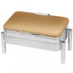 Eastern Tabletop 3975SCP Jazz Swing 8 Qt. Copper Coated Stainless Steel Rectangular Chafer with Pillar'd Stand and Hinged Dome Cover Eastern Tabletop 3975SCP Jazz Swing 8 Qt. Copper Coated Stainless Steel Rectangular Chafer with Pillar'd Stand and Hinged Dome Cover